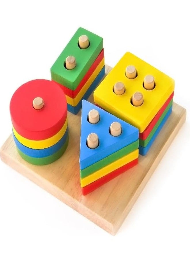 Manos Wooden Geometric Shape Sorting Board, Educational Stacking Toy, Montessori Learning Blocks for Toddlers 1-3 Years - Image 1